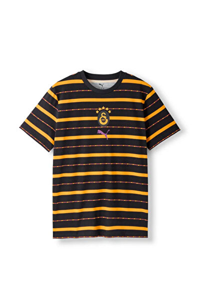 Galatasaray Unisex T-Shirt Fan Crew Neck Striped Cotton Short Sleeve Black Ca...
