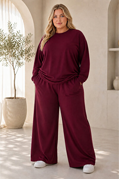 Joetsu Women's Plus Size Long Sleeve Loose Two-Piece Set with Wide-Leg Pants ...