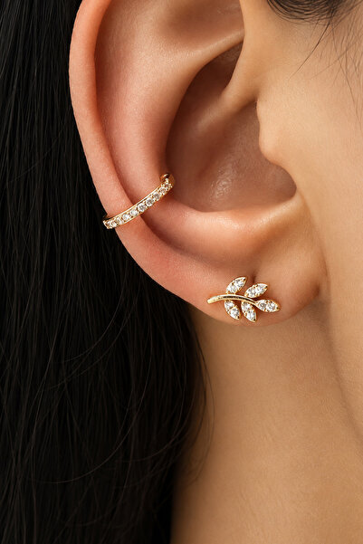 TREND COLLECTİON Women's Gold Color Zircon Stone Leaf Branch Earrings