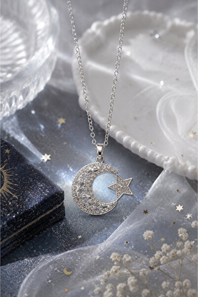 Sylvera Shop Luxury Steel Necklace with Stone Moon and Star Figures (Silver C...