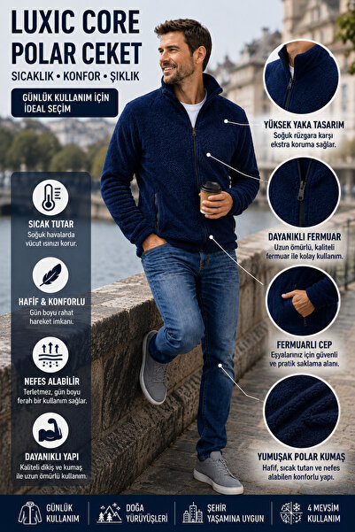 LUXIC CORE Erkek Peluş polar Slim Fit Dik Yaka Fermuarlı Cepli Günlük Spor Ceket
