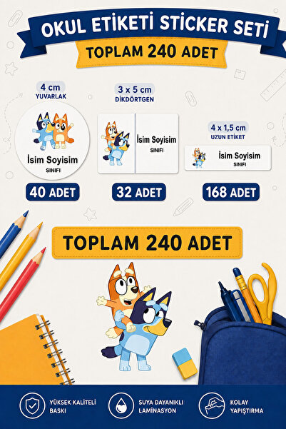 Netsan Etiket Bluey Desen Okul Etiketi İsme Özel 240 Adet