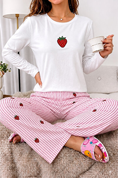 Zaya Homewear Uzun Kollu Strawberry Pink Pijama Takımı Süpersoft Basic Süprem