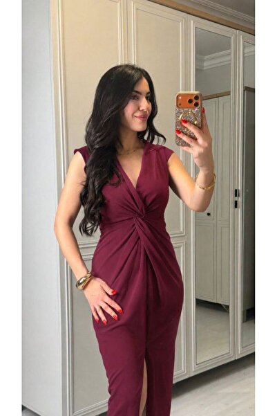 VELİZADE Women's Burgundy Double Breasted Collar Zero Sleeve Knot Detailed Fr...