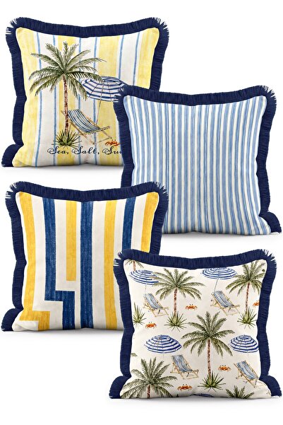 IdeCraft Tropical Beach Themed Palm Tree Umbrella and Striped 4-Piece Fringed...
