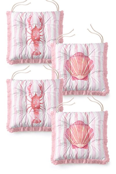 IdeCraft Set of 4 Pink Striped Lobster Shell Motif Fringed Fluffy Chair Cushions