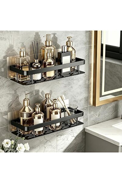 Generic 2-piece set of black titanium steel shower storage rack, non perforat...