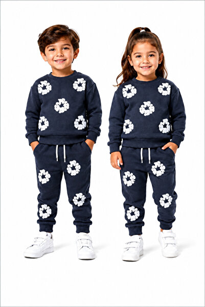 MAVİ BONCUKK Children's Unisex Embossed Printed Detailed Oversize Top and Bot...