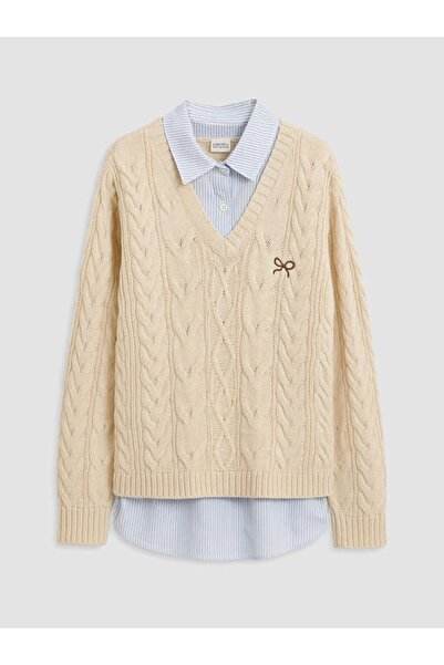 LC Waikiki Lcw Kids Ecru Shirt Collar Embroidered Girls' Knitwear Sweater
