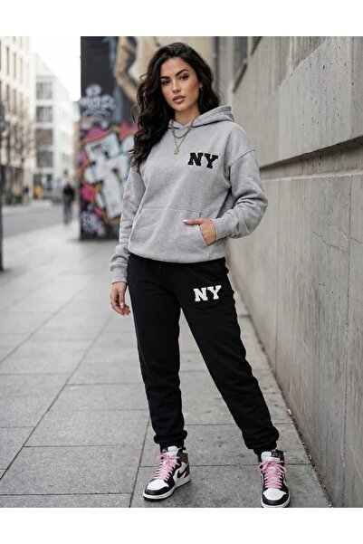 CLOTHES33 Hooded Tracksuit 2-Piece Combination Winter Patterned with Writing ...
