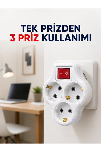 Epilons Tek Prizi 3’lü Yapan Anahtarlı Priz Adaptörü Topraklı Priz Çoğaltıcı