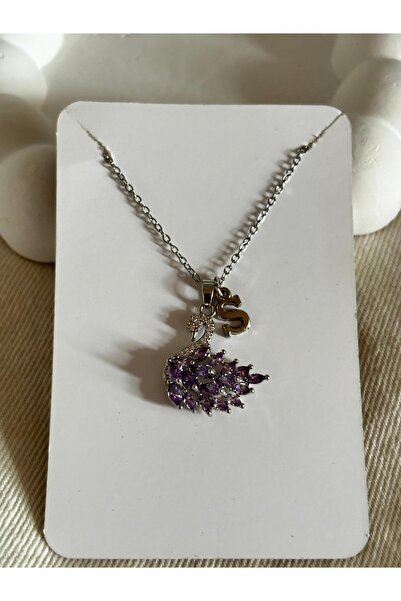 bijoux uniques Mor zirkon taşlı kuğu model S harfli 316L çelik kolye