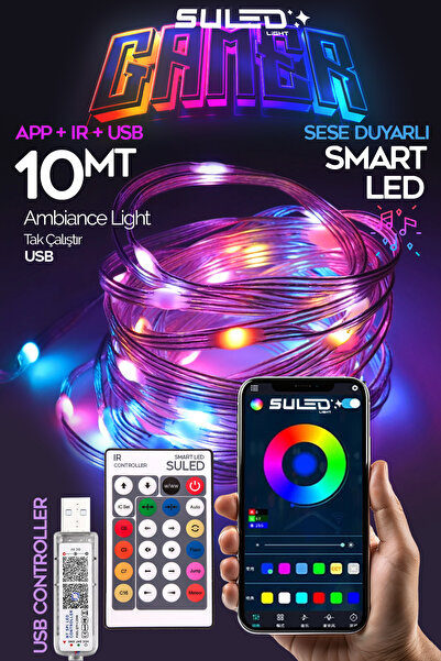 SULED Gamer Led Aydınlatma 10 Metre RGB LED Bluetooth Uygulama ve Kumanda Kontrollü USB Sese Duyarlı