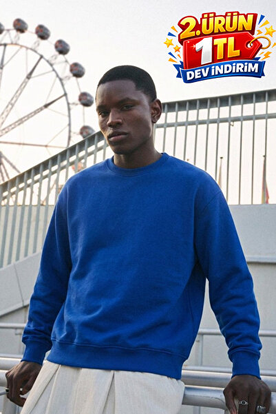 DAMGA JEANS Men's 100% Cotton Regular Fit Blue Sweatshirt