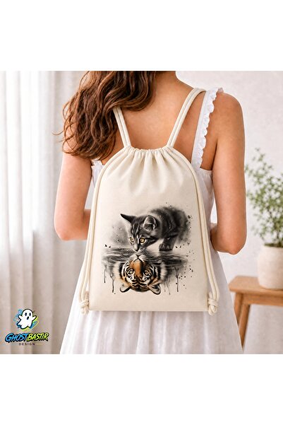 Ghostbastır Design Tiger Cat Drawstring Linen Bag C130