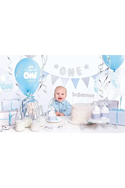 Ikonka Set decoratiuni petrecere First Birthday cu 33 elemente Albastru / Arg...