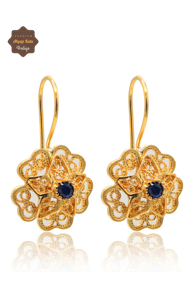 Midyat Nurtaş Gümüş Safir Taşlı Gül Model Gold Kaplama 925 Ayar Gümüş Telkari...