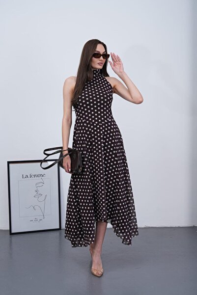 MILANOFOX Women's Brown Polka Dot Halter Neck Sleeveless Back Zipper Dress wi...