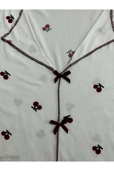 Manolya Women's Camisole White Cherry Patterned Short Sleeve Pajama Set