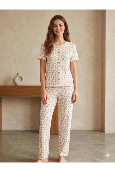 FAMES PİJAMA Summer Lycra Women's V-Neck Bow-Decorated Pajama Set