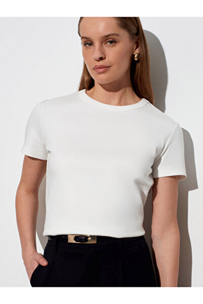 Dilvin 32779 Bisiklet Yaka T-shirt-Ekru