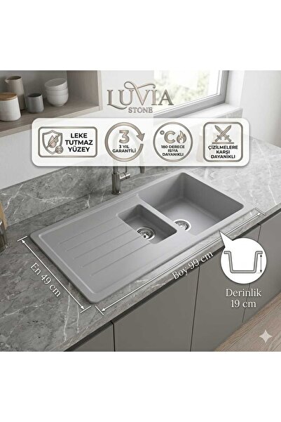 luvia granit eviye 100*50 açık gri lotte serisi