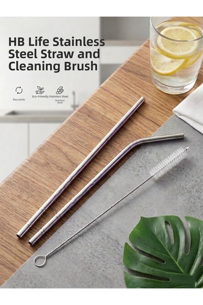 HB LİFE 3-Piece Metal Straw Set Stainless Steel Straw Eco-Friendly Reusable S...