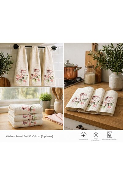 Vivesta Home 3-Piece Embroidered Kitchen Towel Set 30X50 cm – Boxed Gift Cotton Kitchen Towel Set