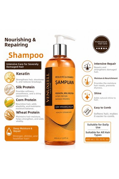 Venuxeell Nourishing & Repairing Shampoo 400 ml |   Keratin, Silk, Corn and Wheat Protein |   Intensive Care for Very Damaged Hair
