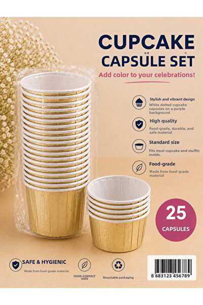 Partifabrik Cupcake Capsule Thick Non-Bending Mold-Free Use 25 Pieces Gold