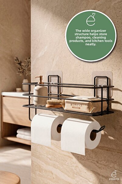 EVONİTA Double Adhesive Toilet Paper Holder Matte Black Metal Paper Holder Mo...