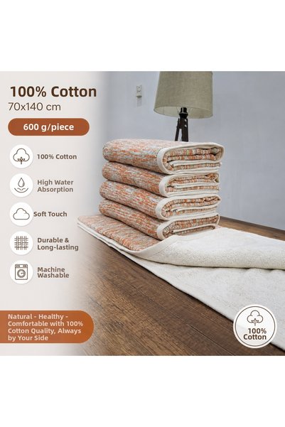 KAİBAL Set of 5 100% Cotton Bath Towels 70X140 cm 600 Gr High Water Absorbent Soft Textured Orange Patterned
