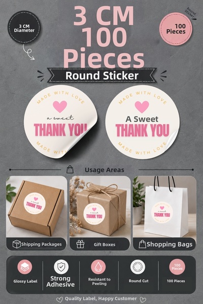 qoeuyl boutique A Sweet Thank You Printed 3 cm Round 100 Pieces Sticker Packa...