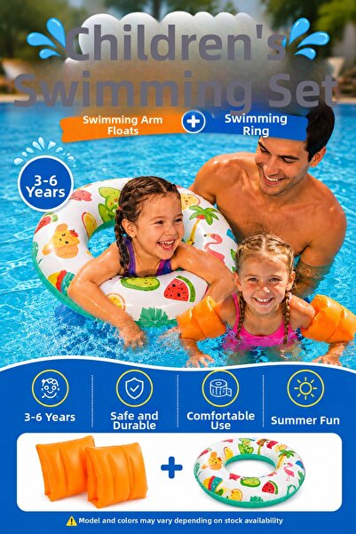 Alıç Children's Swimming Set Inflatable Arm Floats and Patterned Swim Ring Fu...