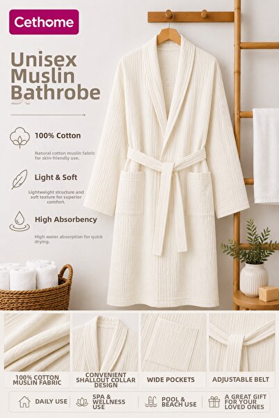 Weweus Çethome Ecru Color Unisex Belted 100% Cotton Muslin Fabric Bathrobe