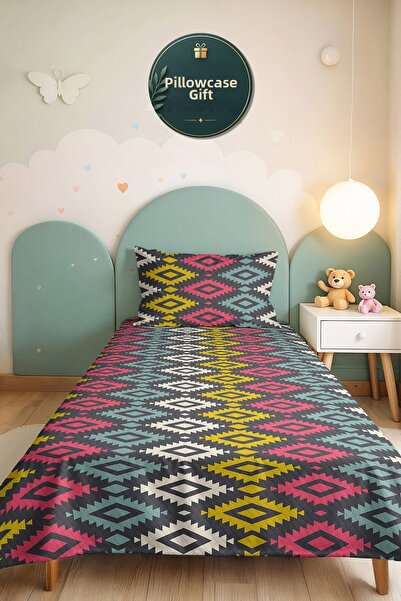Evimde Bambaşka Geometric Anthracite Young Room Single Pique Set-Ethnic Color...