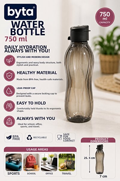 BYTA 750 ml Leak-Proof Water Bottle Flask Bpa Free Ergonomic Design Sports Sc...