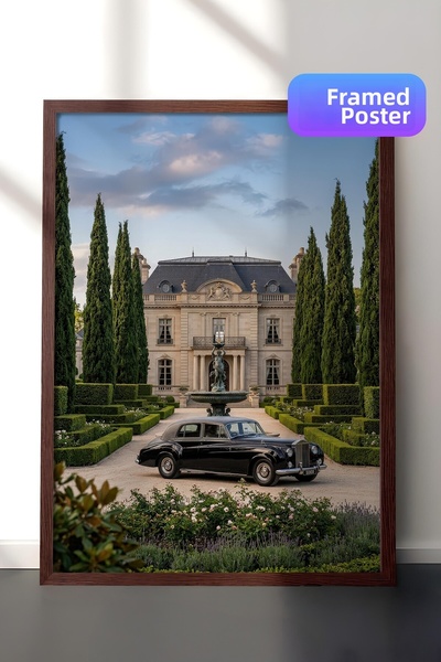 Postifull Poster clasic cu mașini și castele, poster înrămat maro, seria Old ...