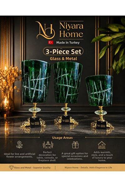 Niyara home Set of 3 Glass • Metal Vase Set