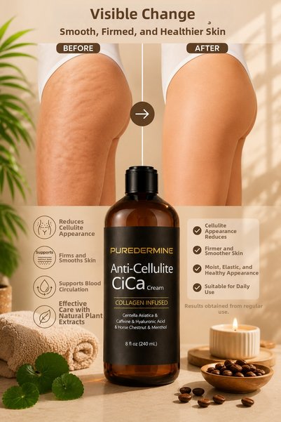 Puredermine Intensely Moisturizing Anti-Cellulite Cica Cream That Helps Reduce the Appearance of Cellulite and Makes the Skin Feel Firmer, Smoother, and More Well-Maintained.