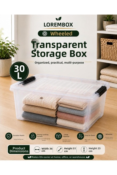 LOREMPBOX 30 Lt Transparent Storage Box with Wheels |   Plastic Organizing Bo...
