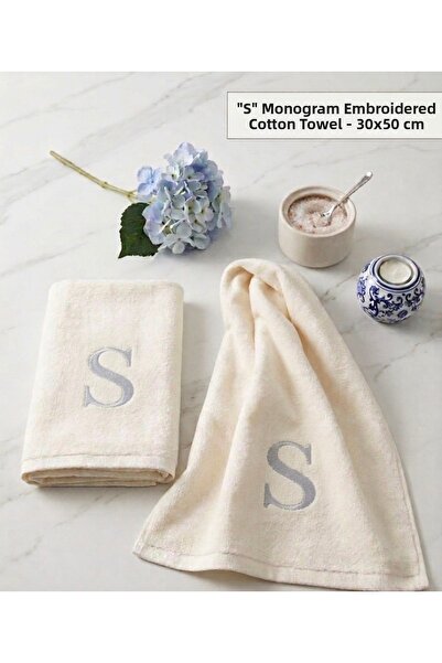 Denef Home Monogram Letter S Silver Embroidered Cotton Towel 30X50 cm
