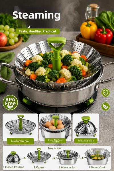 İnfeta Foldable Steaming Vegetable Cooking Steamer with Non-Scalding Handle -...