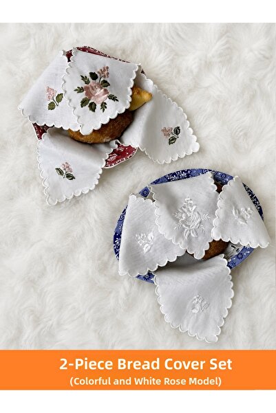 QBR Home Set of 2 Colorful and White Rose Embroidered Bread Covers
