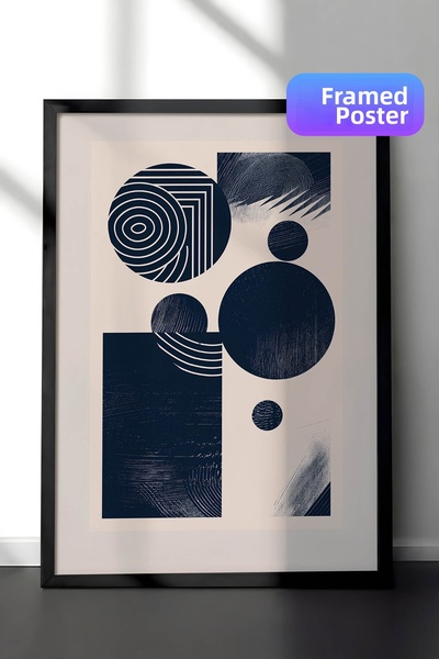 Zestia Black Framed Geometric Pattern Wall Art Painting, Navy Blue Abstract B...