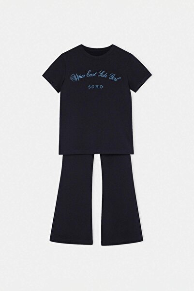 TRENDYOLKIDS Navy Blue Slogan Knitted Top and Bottom Set Tkdss26Au00120