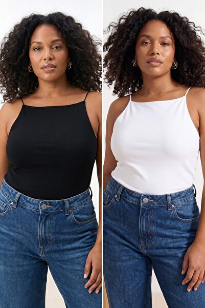 Trendyol Curve Μαύρο-λευκό 2-τεμάχιο πακέτο με κοντό λουράκι, ελαστικό πλεκτό...