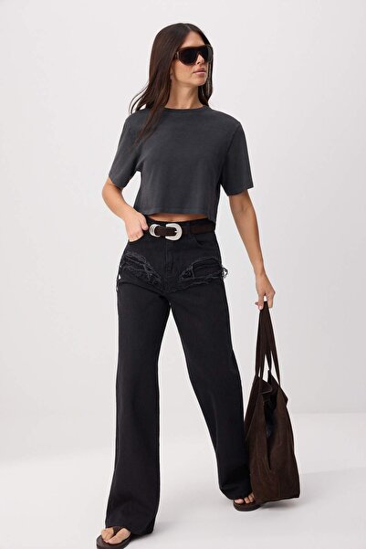 Trendyol Collection Black Ripped Detailed High Waist Wide Leg Jeans Twoss26Je...
