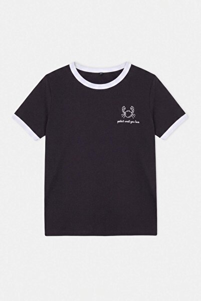 Trendyol Curve Black 100% Cotton Embroidered Contrast Trim Detailed Knitted P...