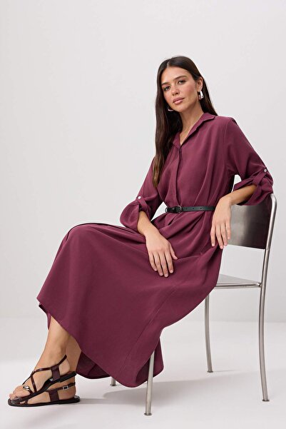 Trendyol Modest Burgundija košulja, kragna, remen, detaljno tkana hijab halji...
